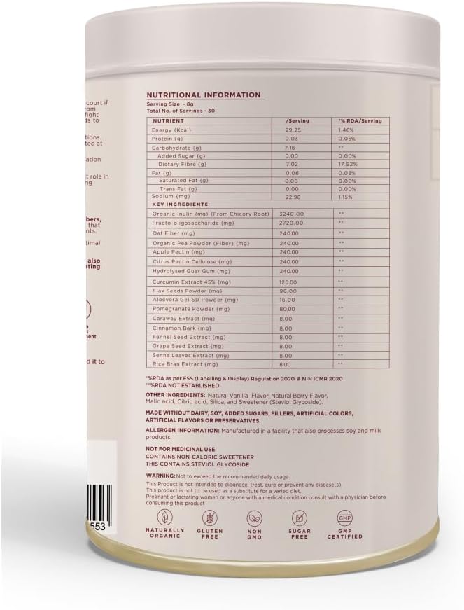 Wellbeing Nutrition organic daily fiber powder container back label showing nutrition facts and ingredients