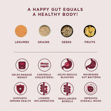 Gut health icon chart on fiber supplement packaging with ingredient categories