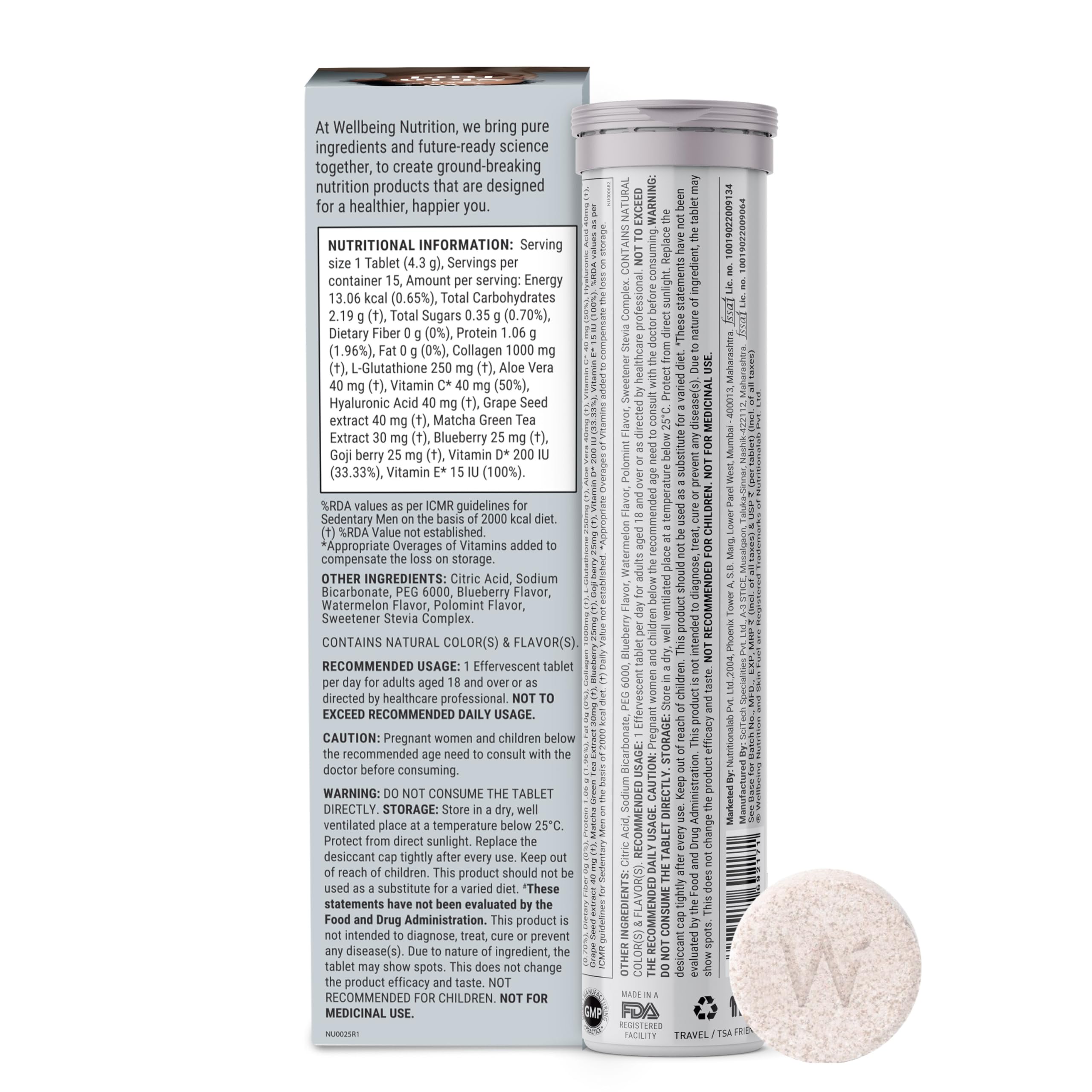 Wellbeing Nutrition effervescent tube and box showing nutrition facts and pink tablet skin radiance collagen supplement