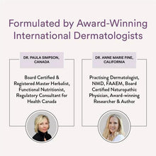 Supplement tube with award-winning dermatologist credential cards and portraits