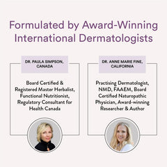 Wellbeing Nutrition graphic featuring two dermatologist portraits and credentials for skin radiance collagen supplement