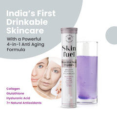 Wellbeing Nutrition Skin Fuel tube and purple effervescent drink with before after face photo skin radiance collagen supplement