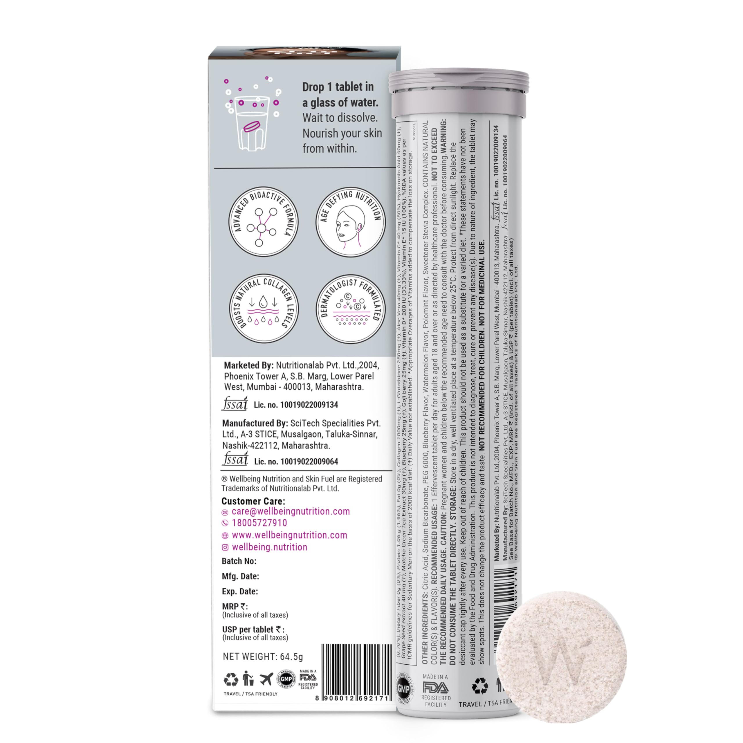 Wellbeing Nutrition skin radiance collagen supplement effervescent tablet pack with tube and closeup tablet