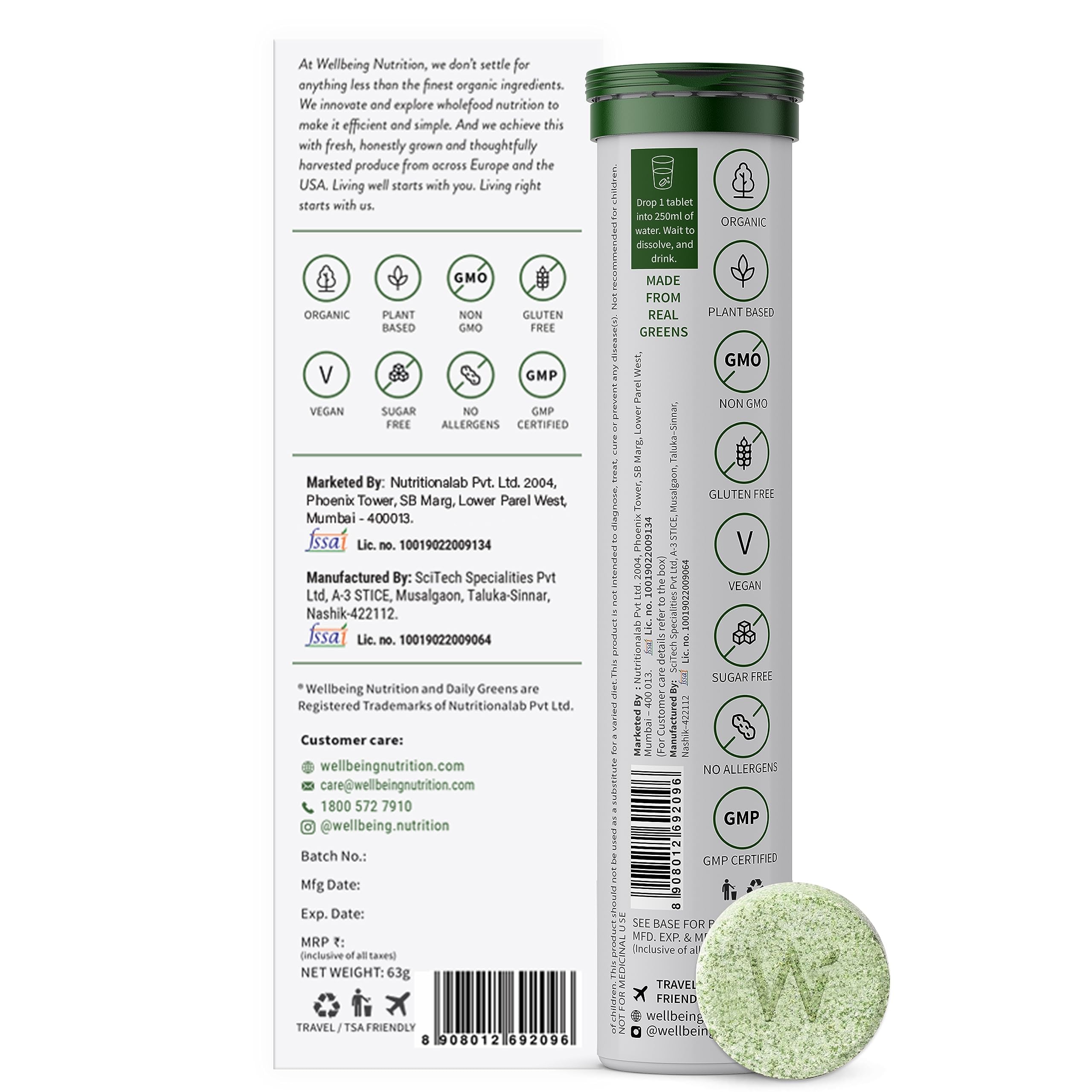 Wellbeing Nutrition wholefood multivitamin with superfoods tablet and tube packaging showing label icons