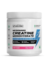 Wellcore creatine monohydrate supplement tub, Fruit Fusion front label, white lid