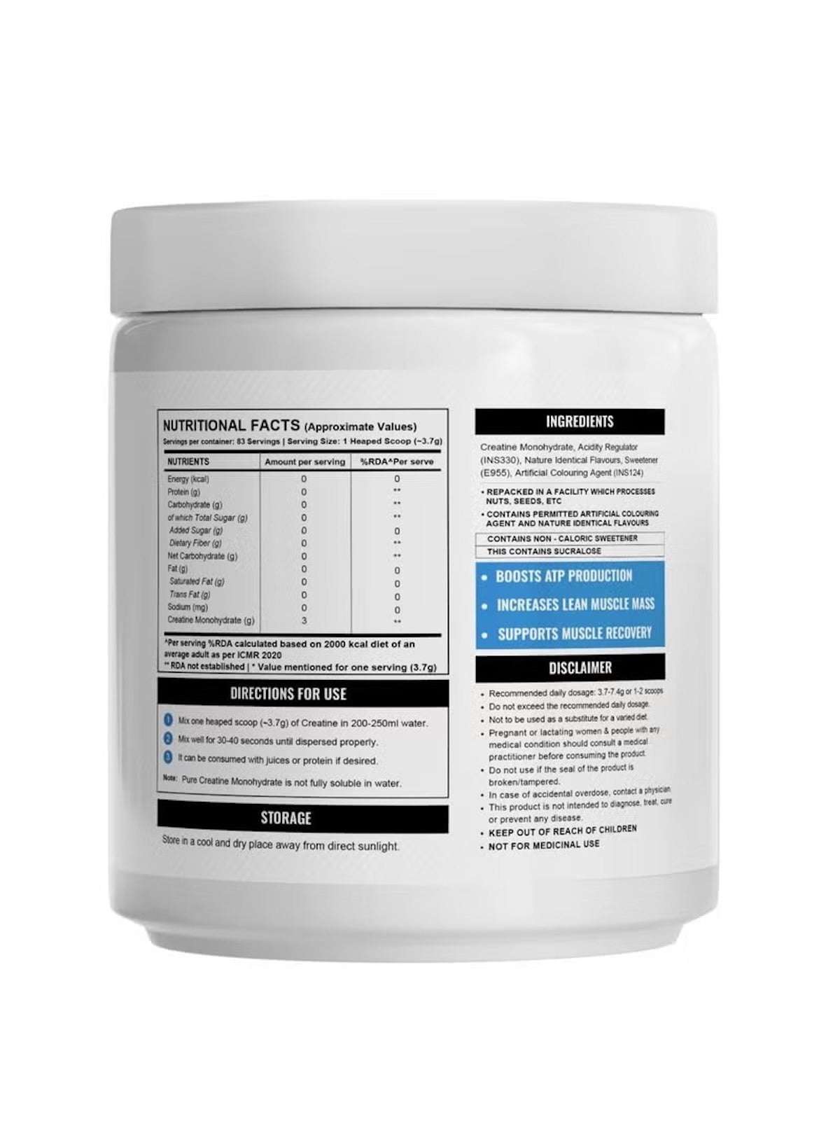 Wellcore Creatine Monohydrate Powder UAE with nutritional facts and usage directions on the label