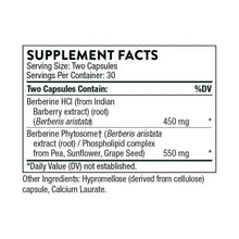 Supplement Facts label listing serving size and berberine HCl ingredients in capsules.