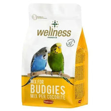 Canary seed mix bag with budgie illustrations and yellow-green branding