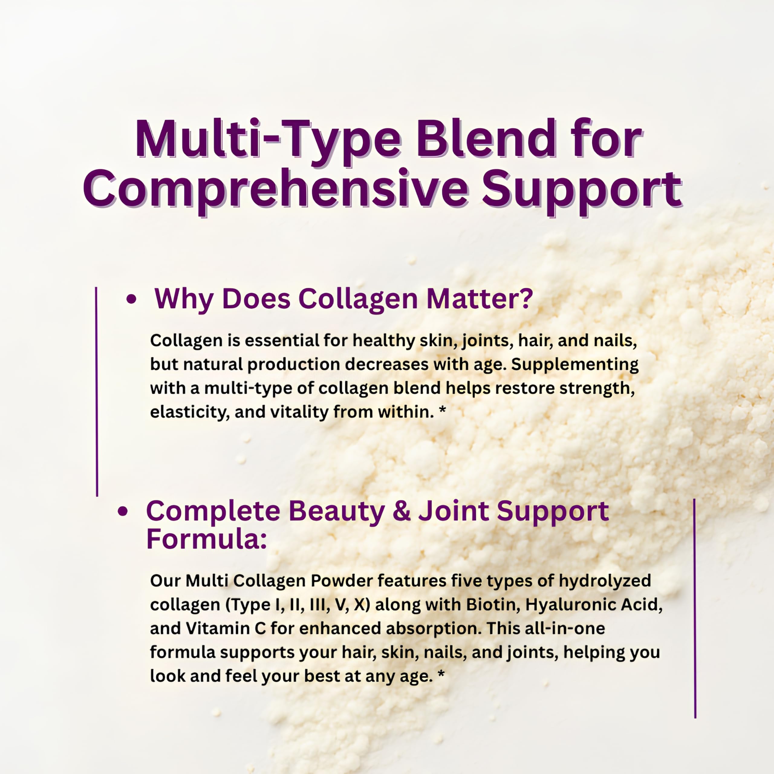 Micro Ingredients multi collagen peptides powder info graphic showing powder mound and benefits text