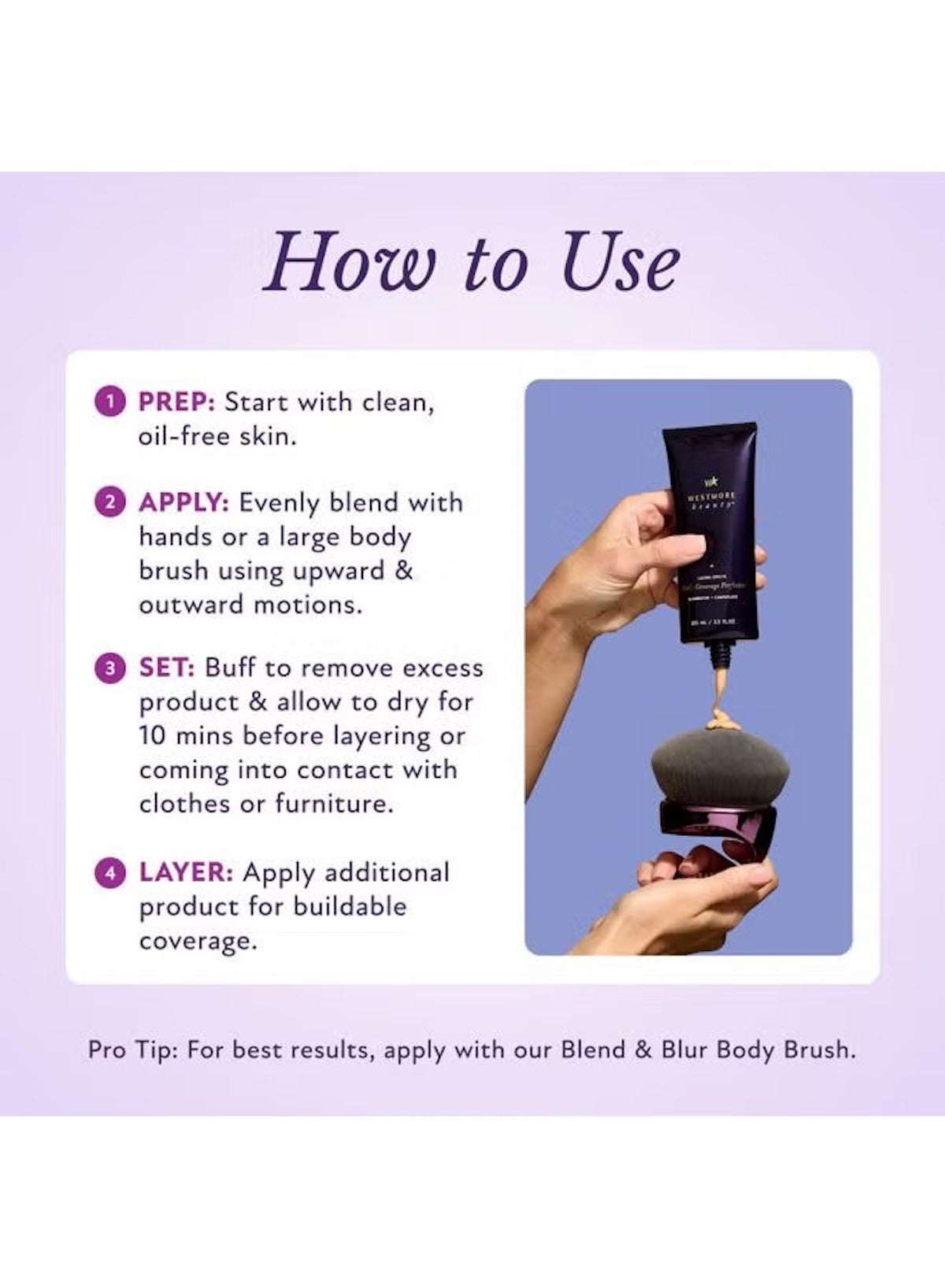 Westmore Beauty waterproof body makeup UAE with application instructions and body brush for flawless skin