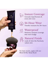 Westmore Beauty waterproof body coverage foundation tube held in hand with sponge applicator