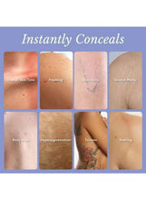 Body coverage foundation coverage examples grid on skin, including blemishes and tattoos