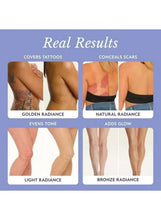 Body coverage foundation result collage on legs, showing even skin coverage