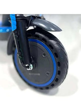 Electric scooter front wheel with black fender and blue rim accents
