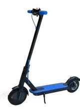 Blue electric scooter with front wheel and black deck, folded handlebar