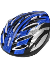 Blue and black bicycle helmet with vented shell and adjustable strap