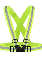 Neon yellow safety harness vest with reflective gray stripes and buckles