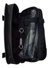 Black zippered storage bag with adjustable straps and clear plastic contents