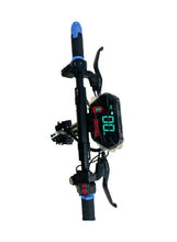 Blue and black electric scooter handlebar display with front suspension