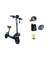 Blue electric scooter with front headlight and foldable handlebars