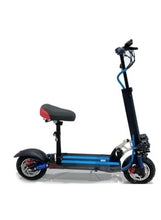 Blue foldable e-scooter with black deck and red rear light, side view