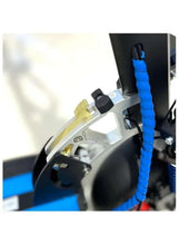 E-scooter front stem mount with blue cable and metal latch