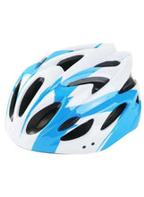 Blue and white helmet with black vents and adjustable chin strap