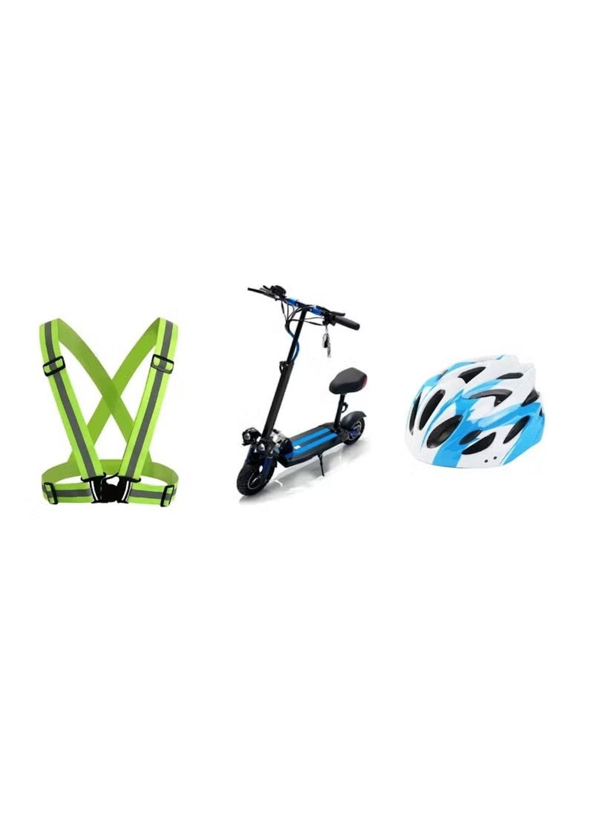 Patinete eléctrico E10 con potente motor de 1000 W, diseño plegable, autonomía extendida y control remoto antirrobo, color azul.