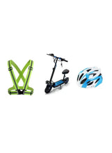 Blue foldable e-scooter and green X-back safety harness with black buckles