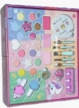Girls makeup palette set with colorful pans, stickers, and brush set
