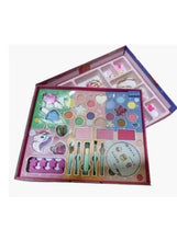 Girls beauty set case with colorful makeup palette, brushes, and round compact mirror