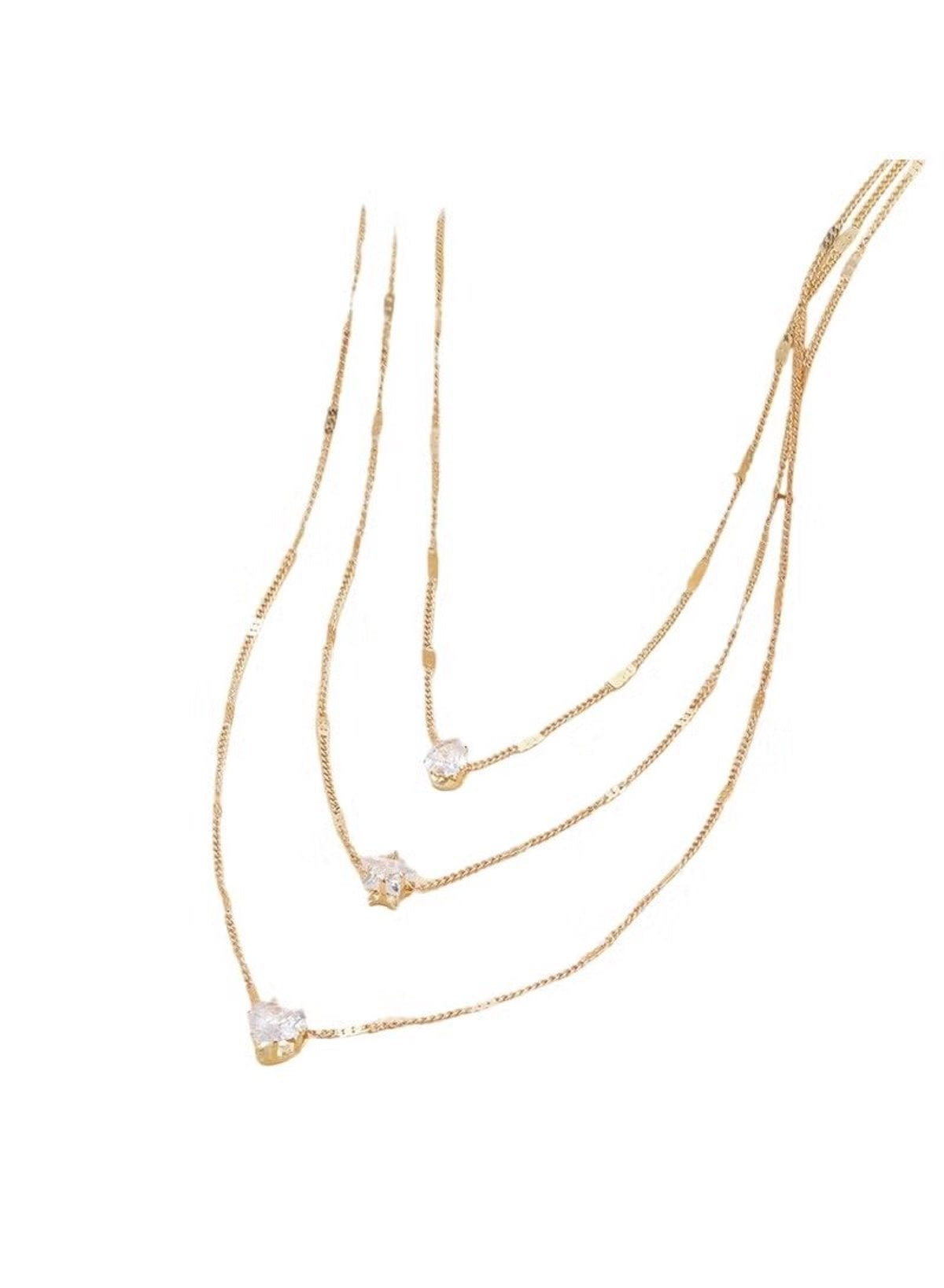 Gold 3-Layer Charm Necklace – Drop, Star & Heart Design