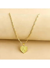 Gold heart pendant necklace with A letter charm and long chain, heart pendant on chest