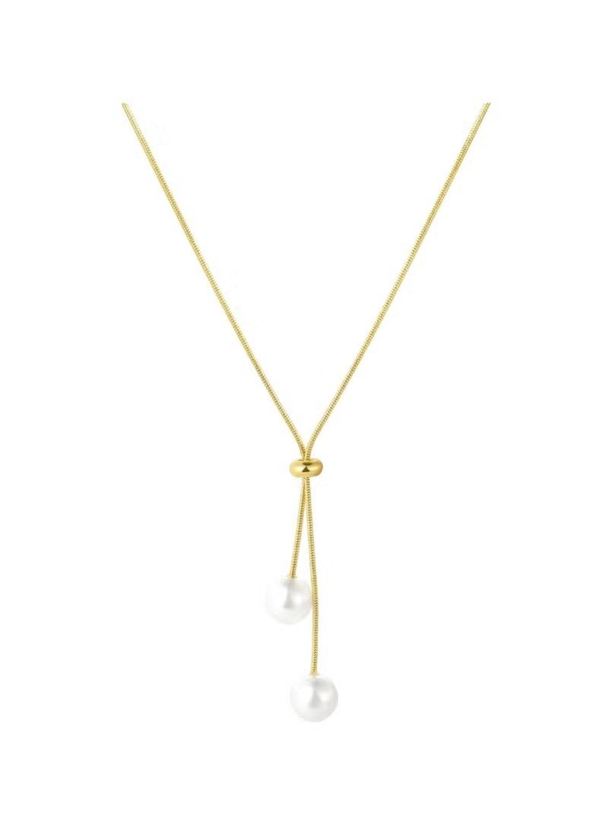 Gold Colour Lariat Necklace with Dual Pearl Drops
