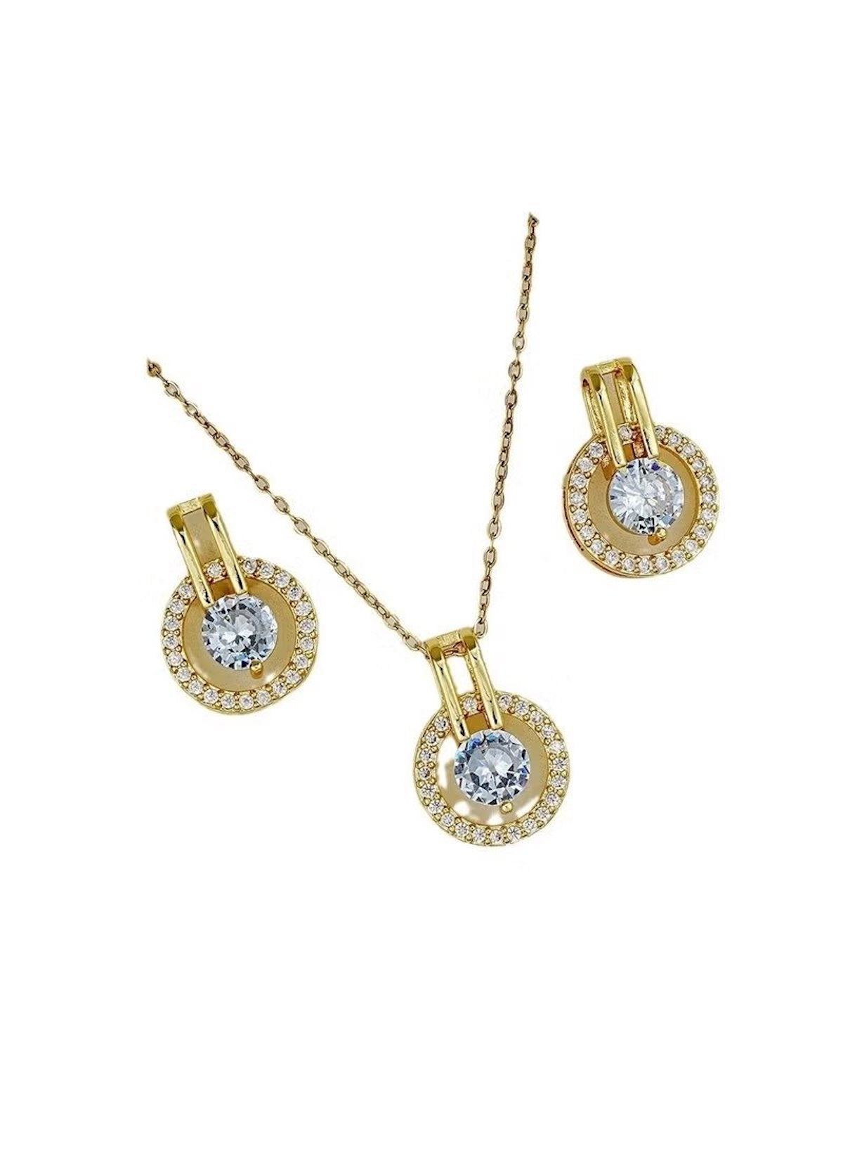 Gold Colour Crystal Circle Pendant Necklace & Earring Set