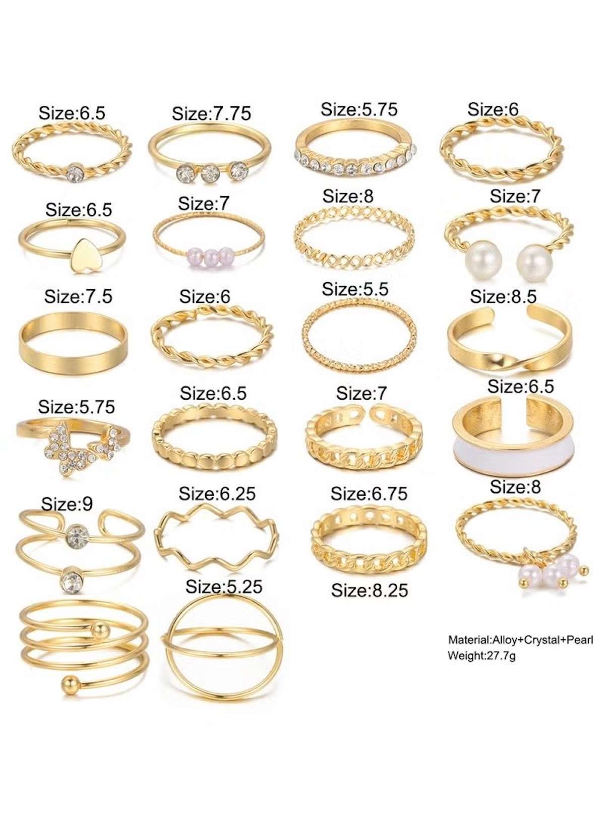 22-Piece Gold Color Ring Set – Assorted Styles with Crystal & Pearl Accents