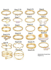 22-Piece Gold Color Ring Set – Assorted Styles with Crystal & Pearl Accents