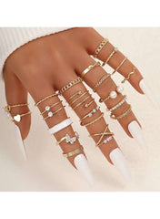 22-Piece Gold Color Ring Set – Assorted Styles with Crystal & Pearl Accents