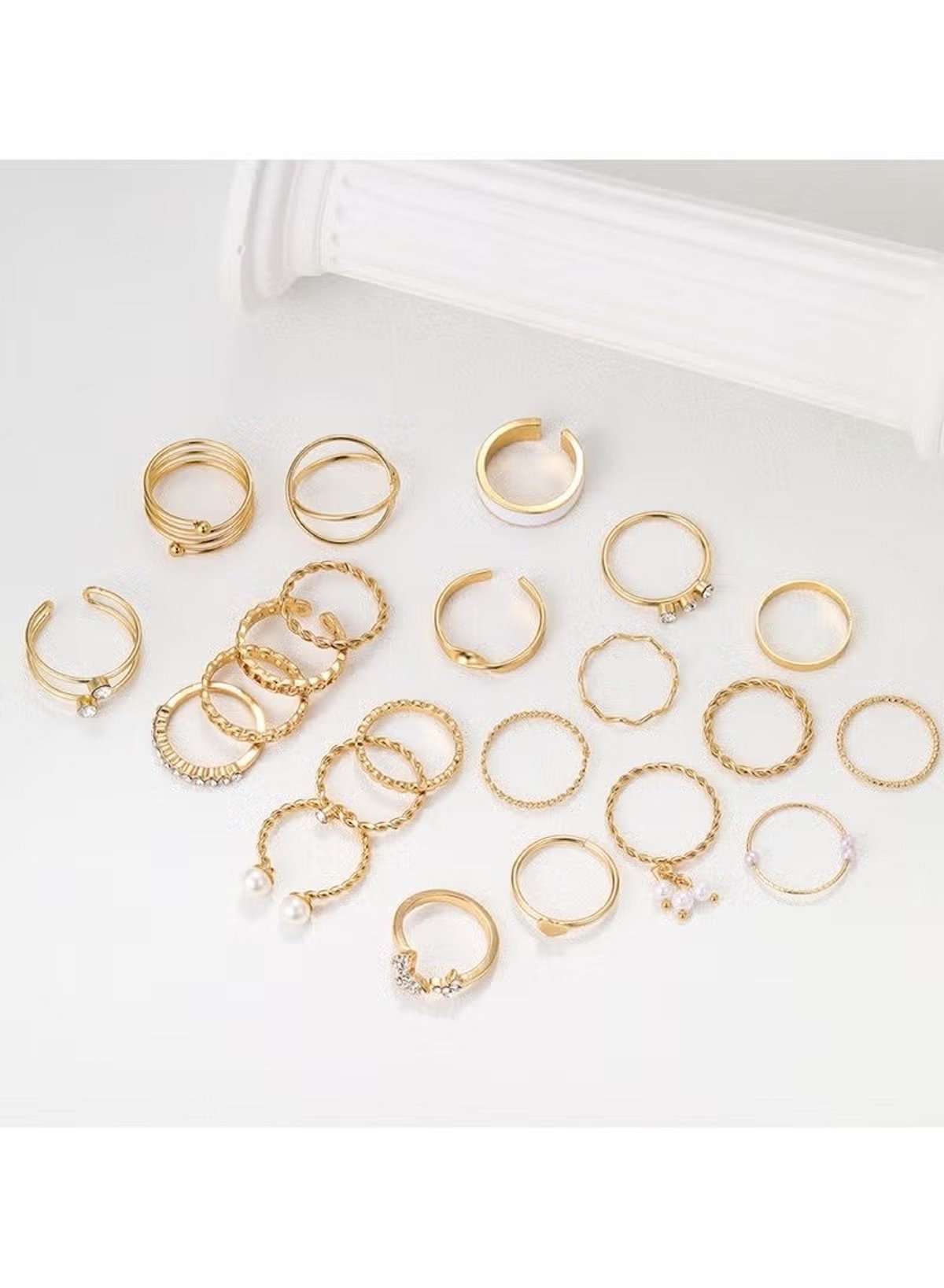 22-Piece Gold Color Ring Set – Assorted Styles with Crystal & Pearl Accents