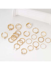 22-Piece Gold Color Ring Set – Assorted Styles with Crystal & Pearl Accents