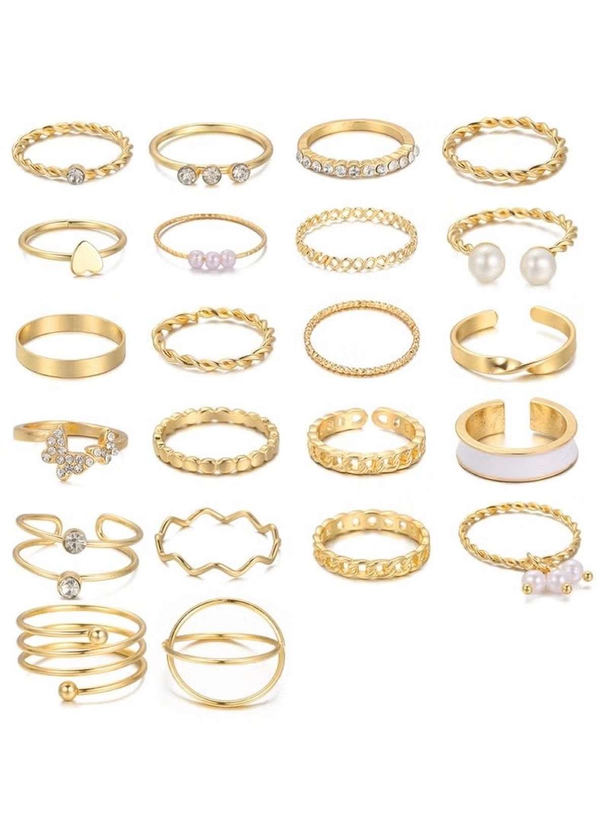 22-Piece Gold Color Ring Set – Assorted Styles with Crystal & Pearl Accents