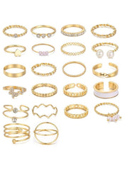 22-Piece Gold Color Ring Set – Assorted Styles with Crystal & Pearl Accents