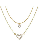 Gold-tone double heart pendant necklace with two crystal hearts on layered chains