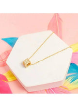Gold cube pendant necklace with rhinestone rows, delicate link chain
