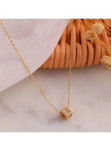 Gold cube pendant necklace with vertical rhinestone bars, fine chain