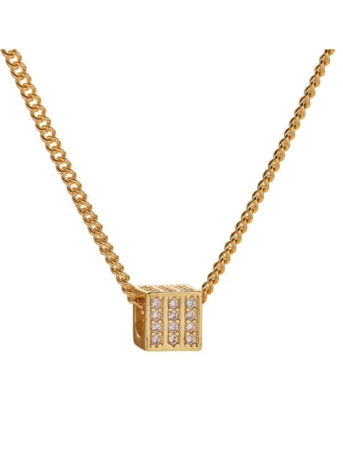 Gold Cube Pendant Necklace with Rhinestone – Minimalist Geometric Charm