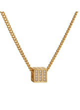 Gold cube pendant necklace with rhinestone geometric charm, square face and chain