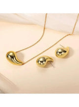 Gold-tone waterdrop pendant necklace with matching stud earrings, glossy teardrop shapes