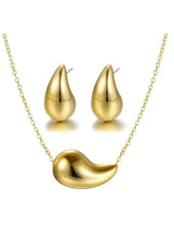Gold-tone waterdrop necklace and matching stud earrings, glossy sculpted teardrop shapes