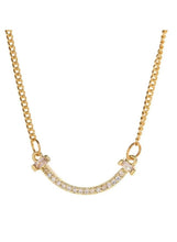 Gold curved bar necklace with rhinestone crystals and linked clasp